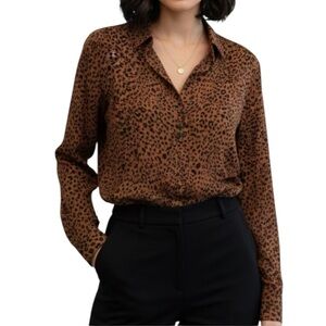 NWT Melissa Nepton Sz L Leopard Print Brown Black Semi Sheer Long Sleeve Blouse